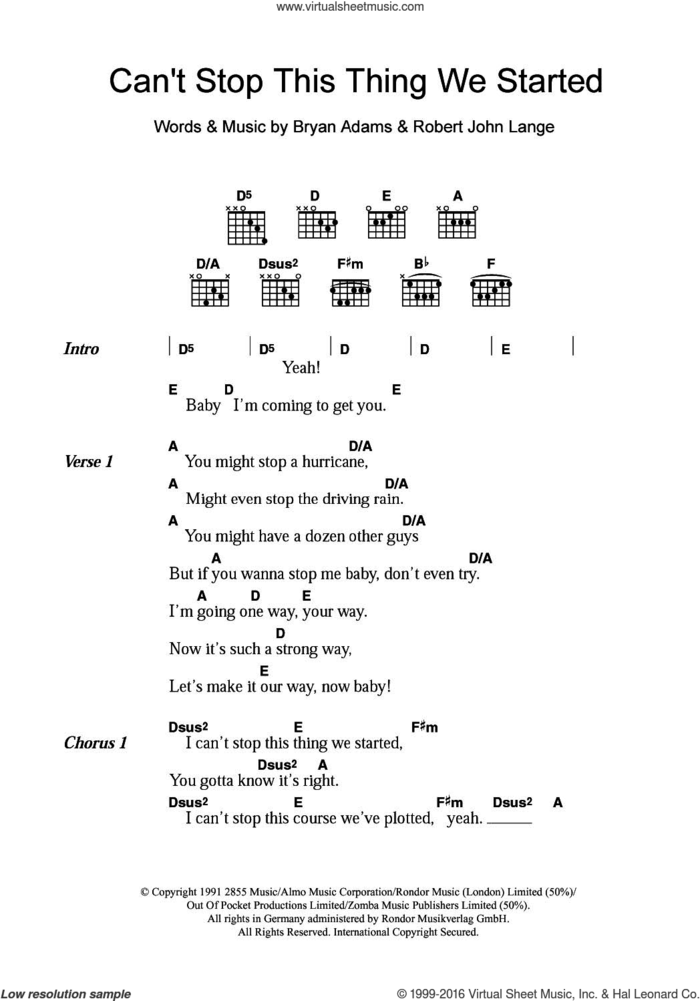 Can't Stop This Thing We Started sheet music for guitar (chords) by Bryan Adams and Robert John Lange, intermediate skill level