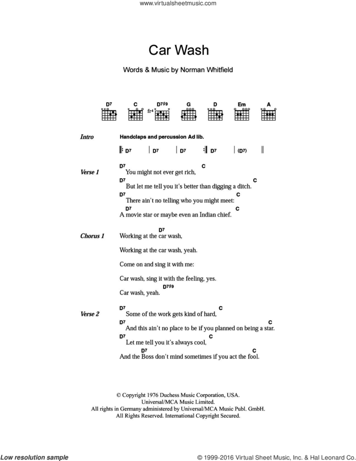 Car Wash sheet music for guitar (chords) by Rose Royce, Christina Aguilera and Norman Whitfield, intermediate skill level