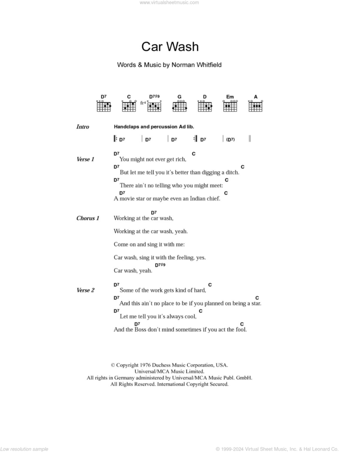 Car Wash sheet music for guitar (chords) by Rose Royce, Christina Aguilera and Norman Whitfield, intermediate skill level