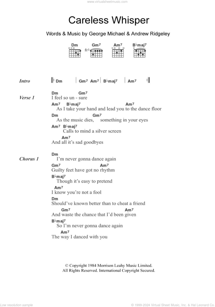 Careless Whisper sheet music for guitar (chords) by George Michael and Andrew Ridgeley, intermediate skill level