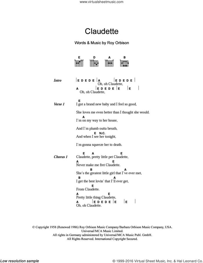 Claudette sheet music for guitar (chords) by The Everly Brothers and Roy Orbison, intermediate skill level