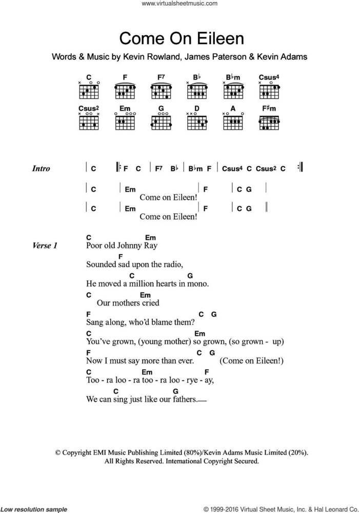 Come On Eileen sheet music for guitar (chords) by Dexy's Midnight Runners, James Paterson, Kevin Adams and Kevin Rowland, intermediate skill level