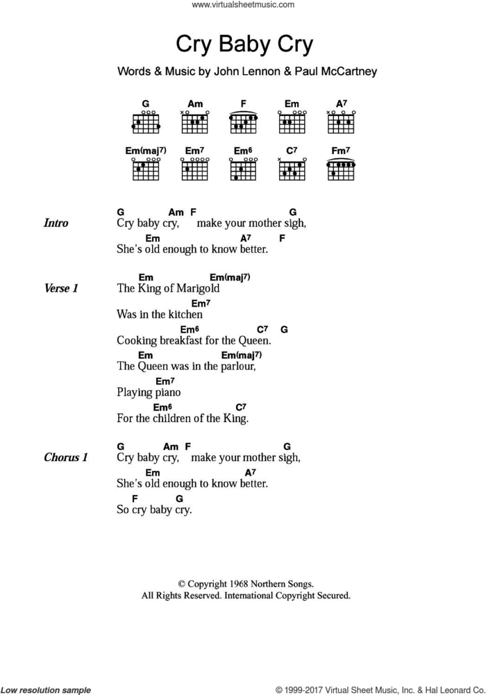 Cry Baby Cry sheet music for guitar (chords) by The Beatles, John Lennon and Paul McCartney, intermediate skill level