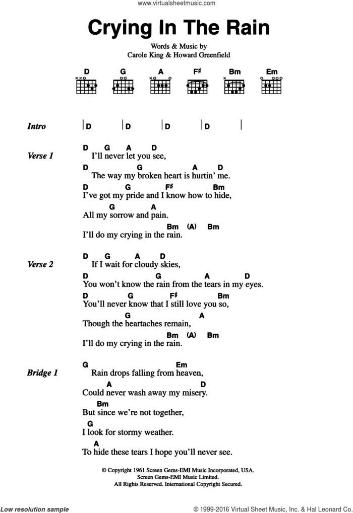 Crying In The Rain sheet music for guitar (chords) by The Everly Brothers, Carole King and Howard Greenfield, intermediate skill level