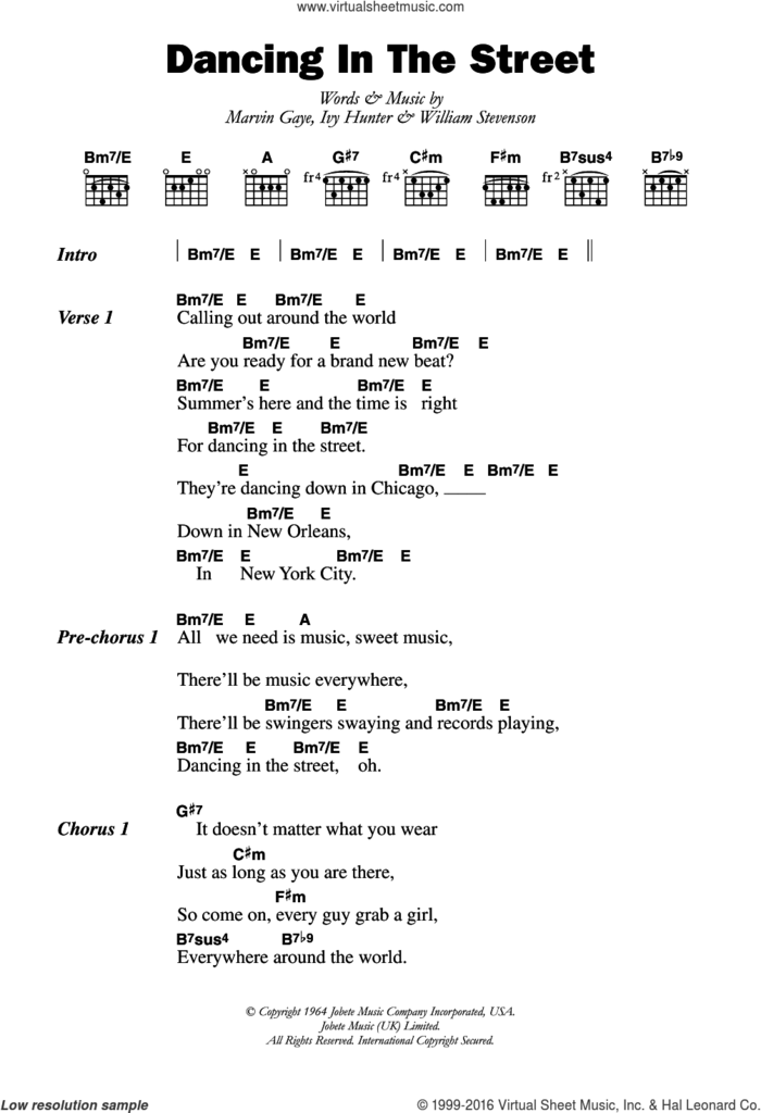 Dancing In The Street sheet music for guitar (chords) by Martha & The Vandellas, Ivy Jo Hunter, Marvin Gaye and William Stevenson, intermediate skill level