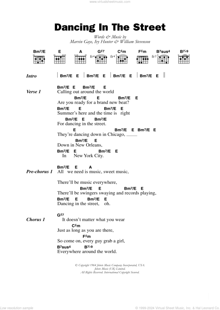 Dancing In The Street sheet music for guitar (chords) by Martha & The Vandellas, Ivy Jo Hunter, Marvin Gaye and William Stevenson, intermediate skill level