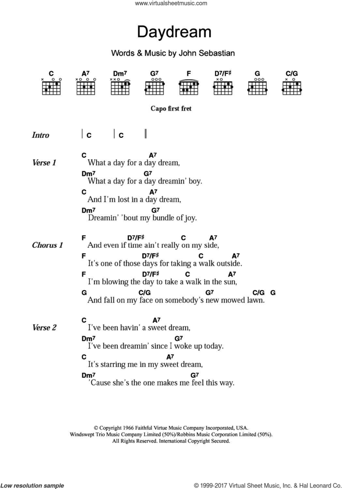 Daydream sheet music for guitar (chords) by The Lovin' Spoonful and John Sebastian, intermediate skill level