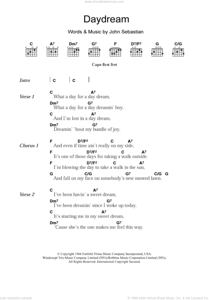 Daydream sheet music for guitar (chords) by The Lovin' Spoonful and John Sebastian, intermediate skill level