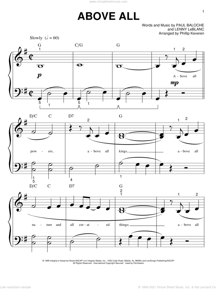 Above All (arr. Phillip Keveren) sheet music for piano solo (big note book) by Paul Baloche, Phillip Keveren and Lenny LeBlanc, easy piano (big note book)