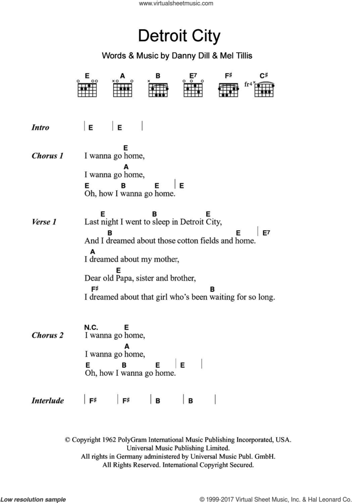 Detroit City sheet music for guitar (chords) by Bobby Bare, Danny Dill and Mel Tillis, intermediate skill level