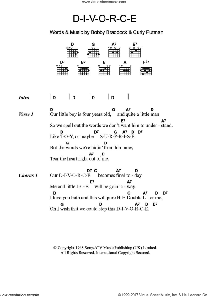 D-I-V-O-R-C-E sheet music for guitar (chords) by Tammy Wynette, Bobby Braddock and Curly Putman, intermediate skill level