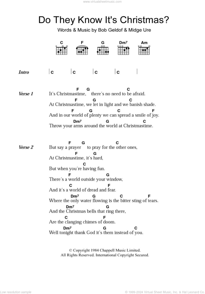 Do They Know It's Christmas? sheet music for guitar (chords) by Band Aid, Bob Geldof and Midge Ure, intermediate skill level