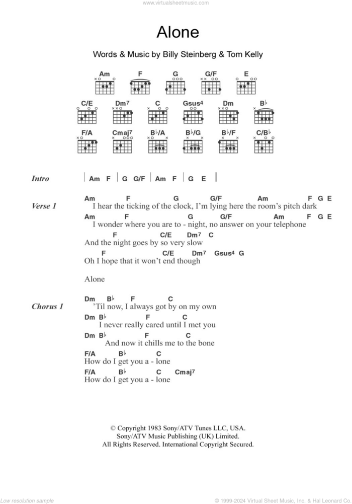 Alone sheet music for guitar (chords) by Heart, Billy Steinberg and Tom Kelly, intermediate skill level