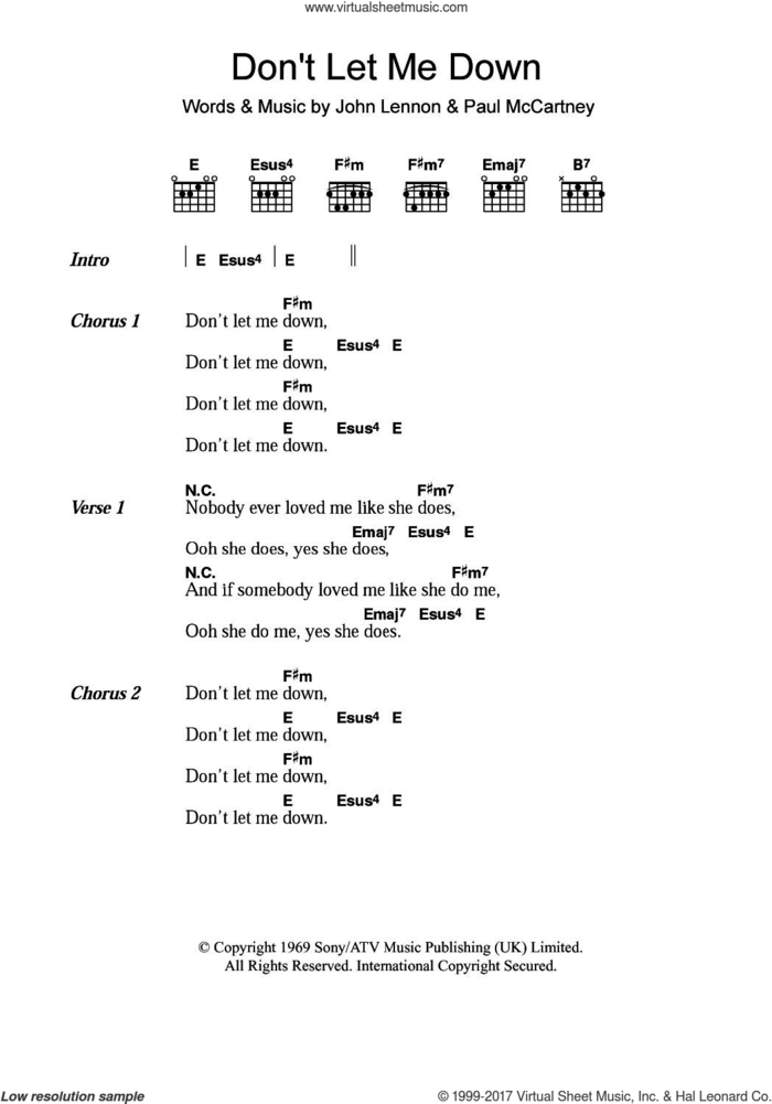 Don't Let Me Down sheet music for guitar (chords) by The Beatles, John Lennon and Paul McCartney, intermediate skill level