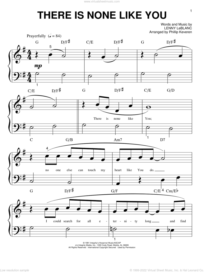 There Is None Like You (arr. Phillip Keveren) sheet music for piano solo (big note book) by Lenny LeBlanc and Phillip Keveren, easy piano (big note book)