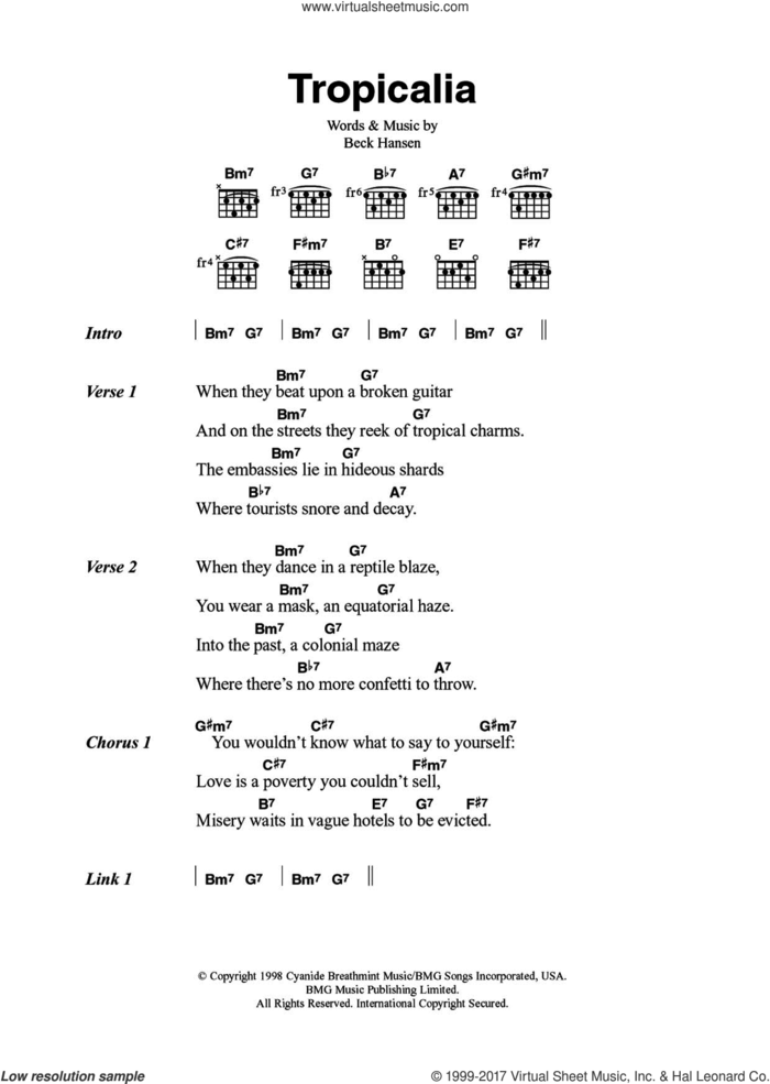 Tropicalia sheet music for guitar (chords) by Beck Hansen, intermediate skill level