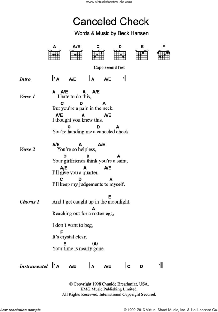Canceled Check sheet music for guitar (chords) by Beck Hansen, intermediate skill level