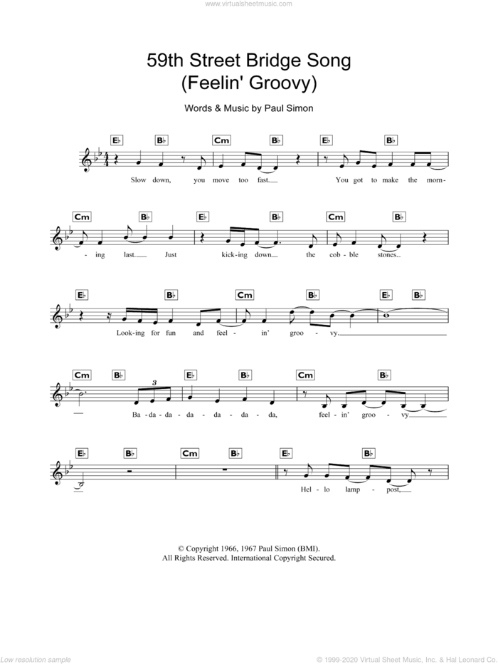 The 59th Street Bridge Song (Feelin' Groovy) sheet music for piano solo (chords, lyrics, melody) by Simon & Garfunkel and Paul Simon, intermediate piano (chords, lyrics, melody)