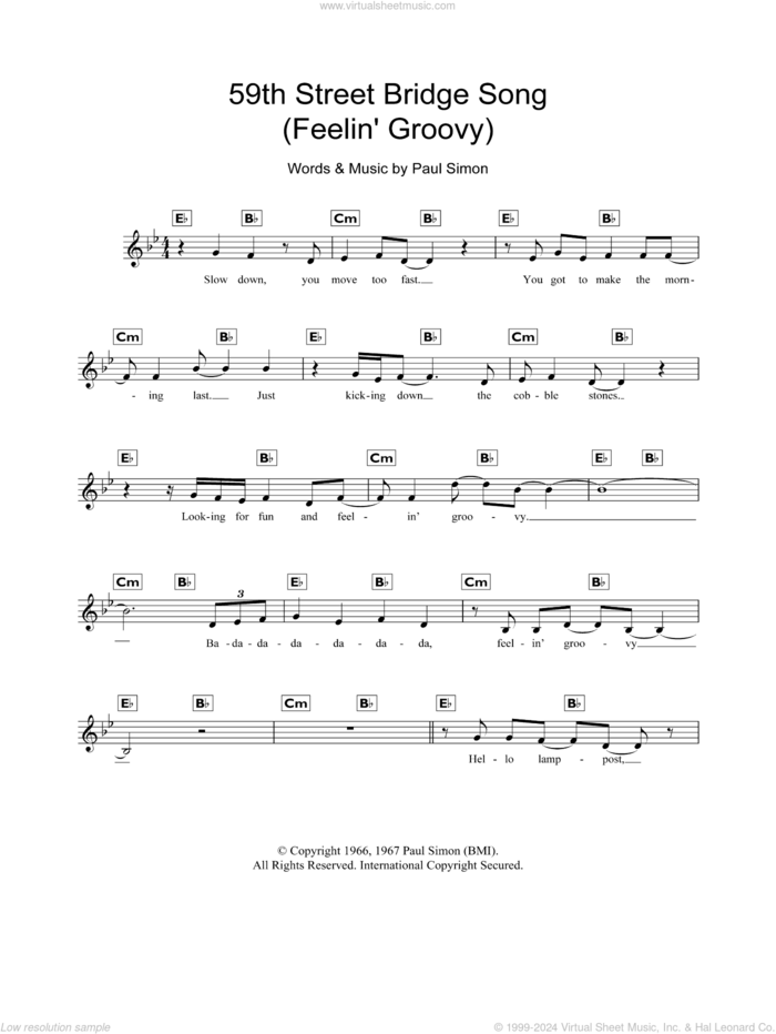 The 59th Street Bridge Song (Feelin' Groovy) sheet music for piano solo (chords, lyrics, melody) by Simon & Garfunkel and Paul Simon, intermediate piano (chords, lyrics, melody)