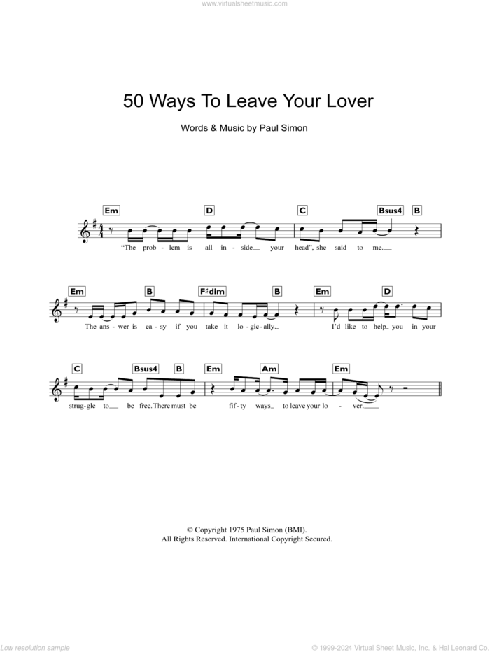 Fifty Ways To Leave Your Lover sheet music for piano solo (chords, lyrics, melody) by Paul Simon, intermediate piano (chords, lyrics, melody)