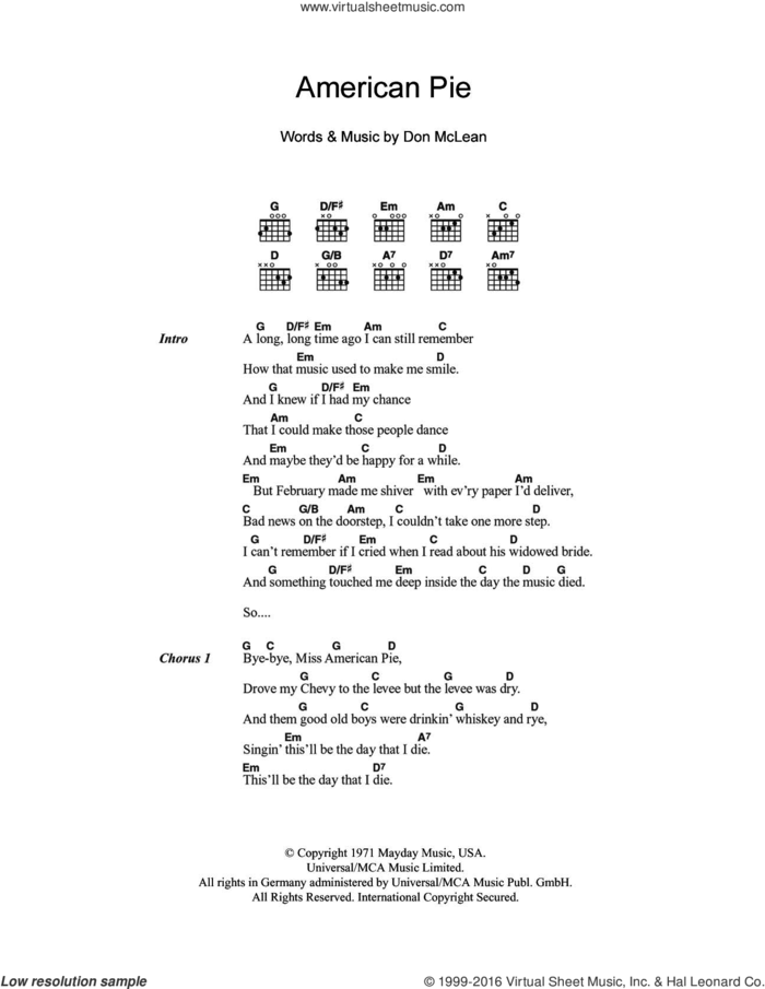American Pie sheet music for guitar (chords) by Don McLean and Madonna, intermediate skill level