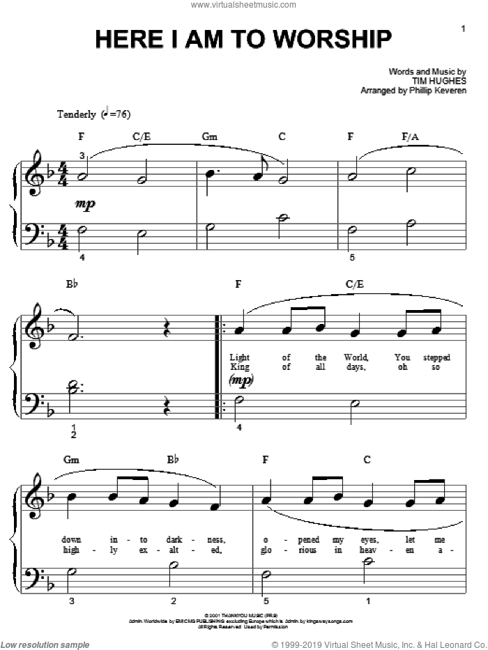 Here I Am To Worship (arr. Phillip Keveren) sheet music for piano solo (big note book) by Phillips, Craig & Dean, Phillip Keveren and Tim Hughes, easy piano (big note book)
