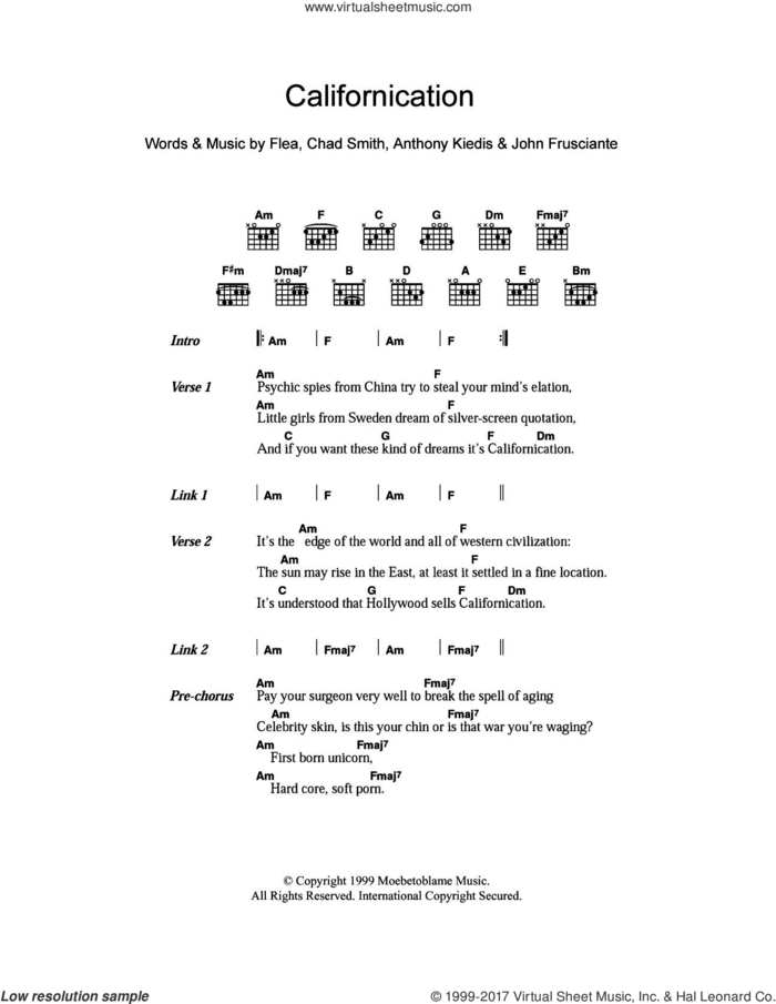 Californication sheet music for guitar (chords) by Red Hot Chili Peppers, Anthony Kiedis, Chad Smith, Flea and John Frusciante, intermediate skill level