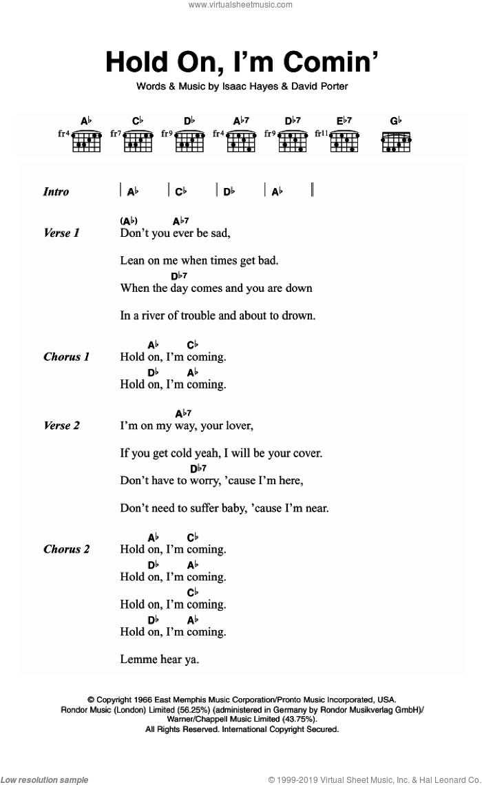 Hold On, I'm Comin' sheet music for guitar (chords) by Sam & Dave, David Porter and Isaac Hayes, intermediate skill level