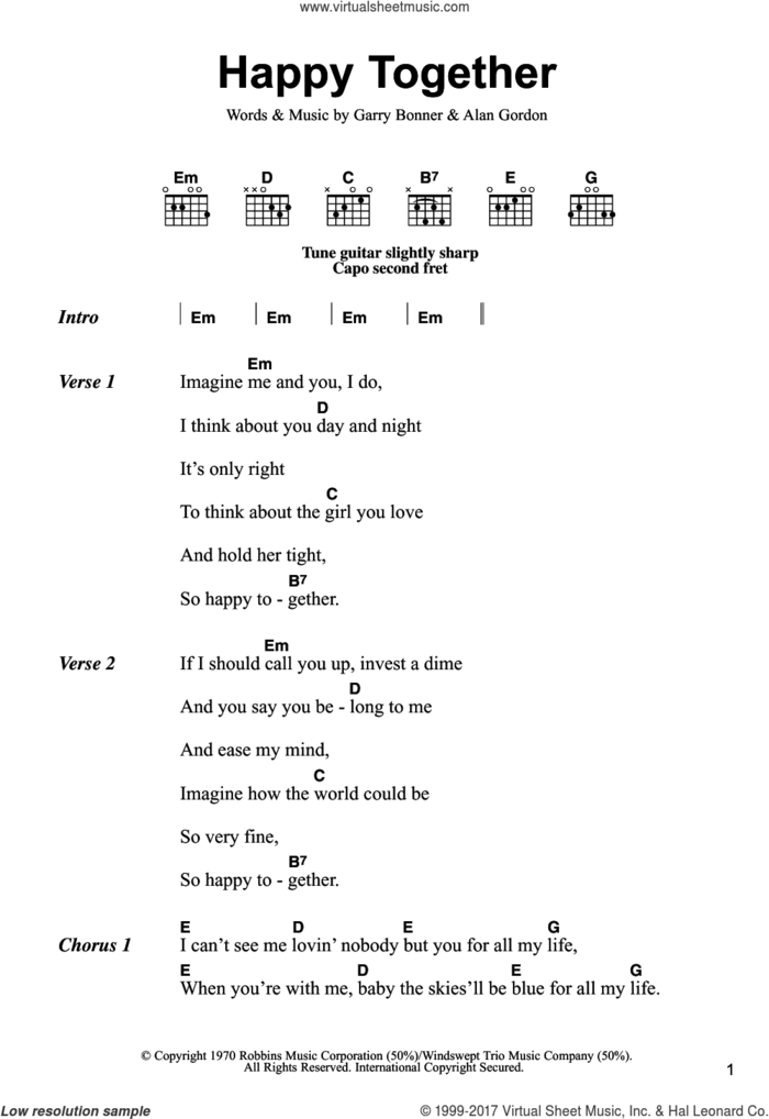 Happy Together sheet music for guitar (chords) by The Turtles, Alan Gordon and Garry Bonner, intermediate skill level