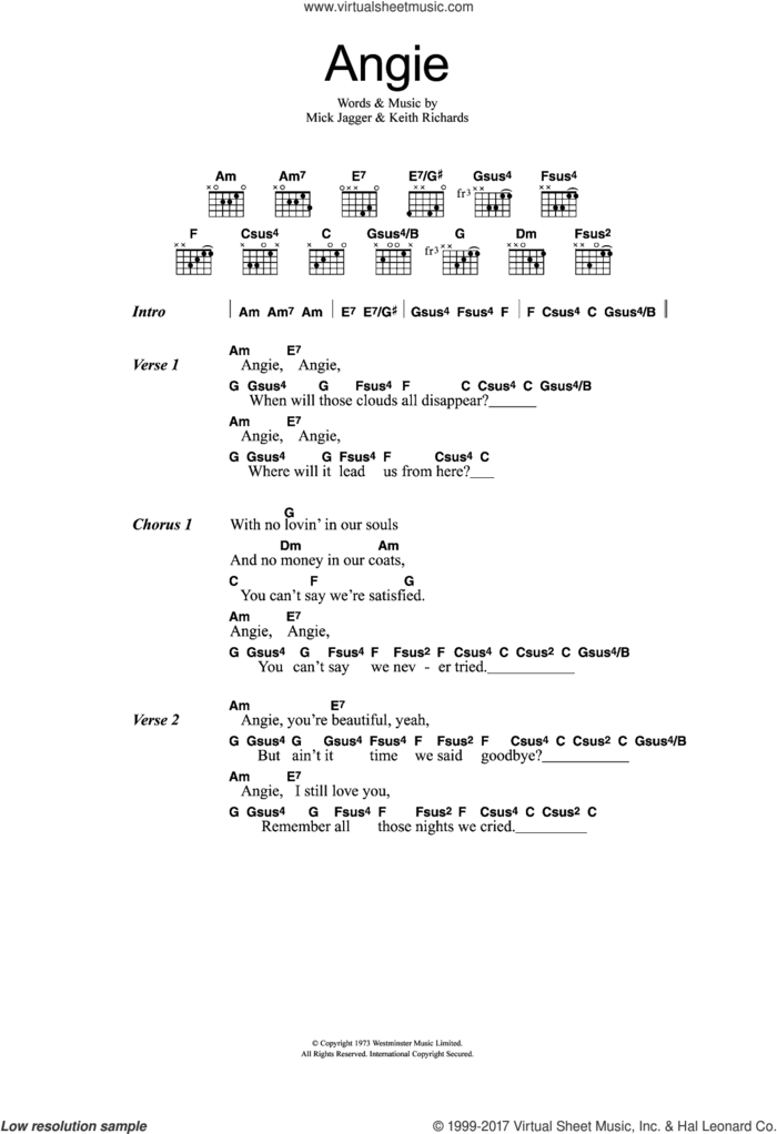 Angie sheet music for guitar (chords) by The Rolling Stones, Keith Richards and Mick Jagger, intermediate skill level