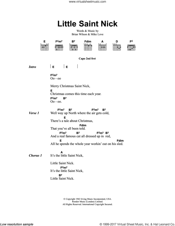 Little Saint Nick sheet music for guitar (chords) by The Beach Boys, Brian Wilson and Mike Love, intermediate skill level