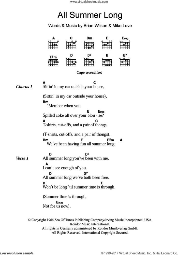 All Summer Long sheet music for guitar (chords) by The Beach Boys, Brian Wilson and Mike Love, intermediate skill level