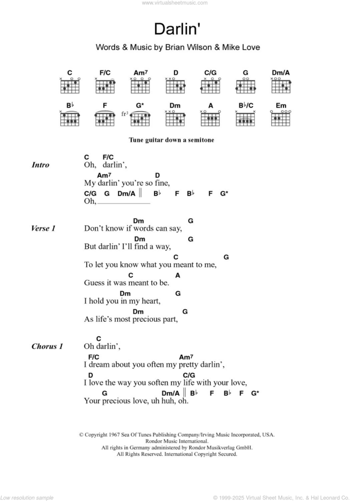 Darlin' sheet music for guitar (chords) by The Beach Boys, Brian Wilson and Mike Love, intermediate skill level