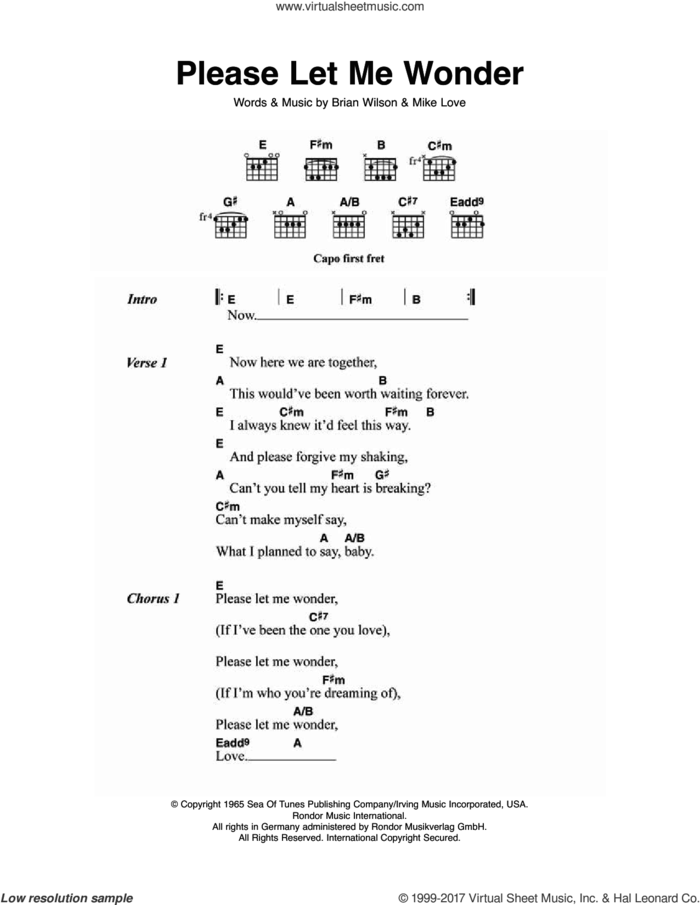 Please Let Me Wonder sheet music for guitar (chords) by The Beach Boys, Brian Wilson and Mike Love, intermediate skill level