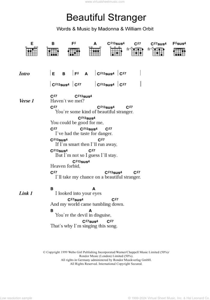 Beautiful Stranger sheet music for guitar (chords) by Madonna and William Orbit, intermediate skill level