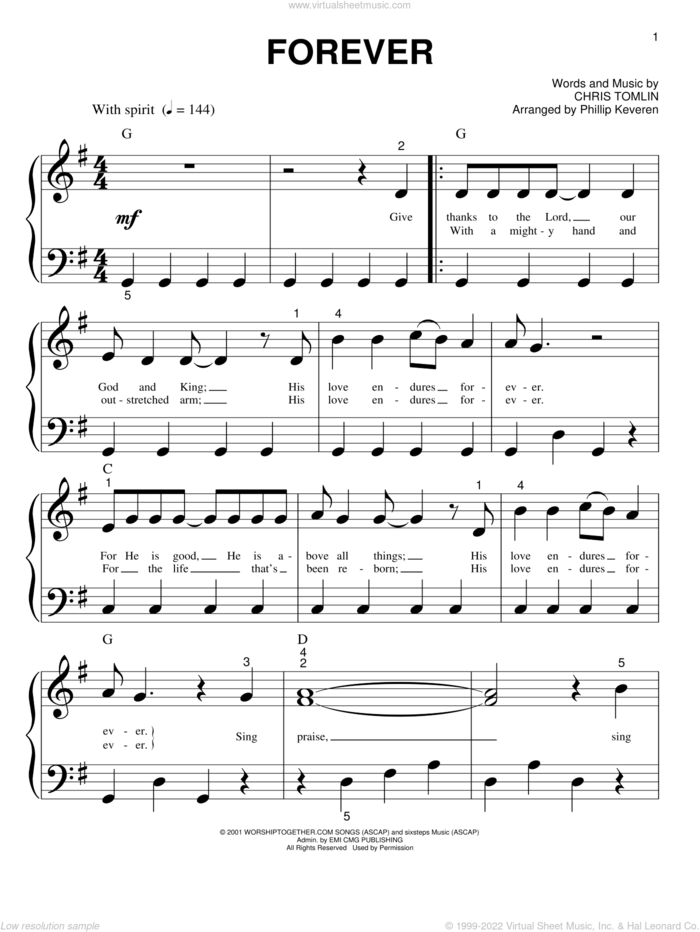 Forever (arr. Phillip Keveren) sheet music for piano solo (big note book) by Chris Tomlin and Phillip Keveren, easy piano (big note book)