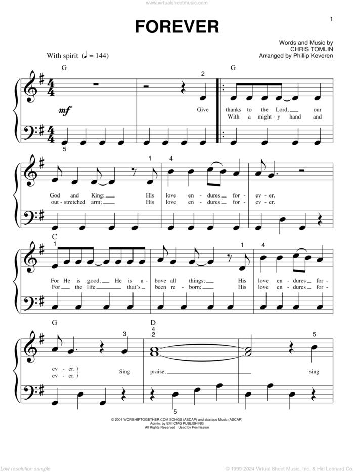 Forever (arr. Phillip Keveren) sheet music for piano solo (big note book) by Chris Tomlin and Phillip Keveren, easy piano (big note book)