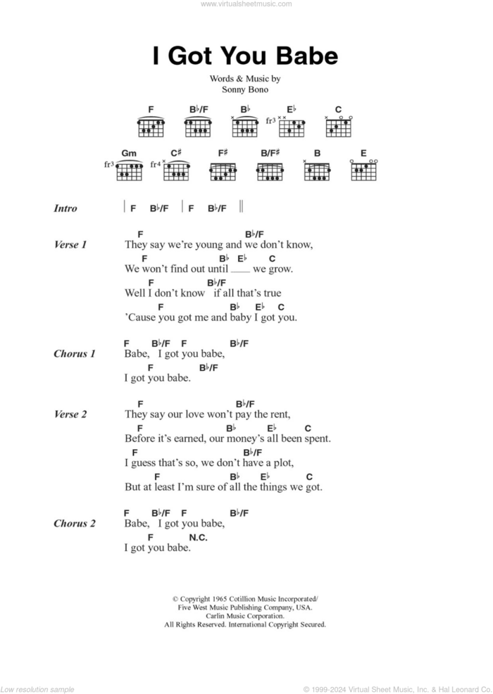 I Got You Babe sheet music for guitar (chords) by Sonny & Cher and Sonny Bono, intermediate skill level