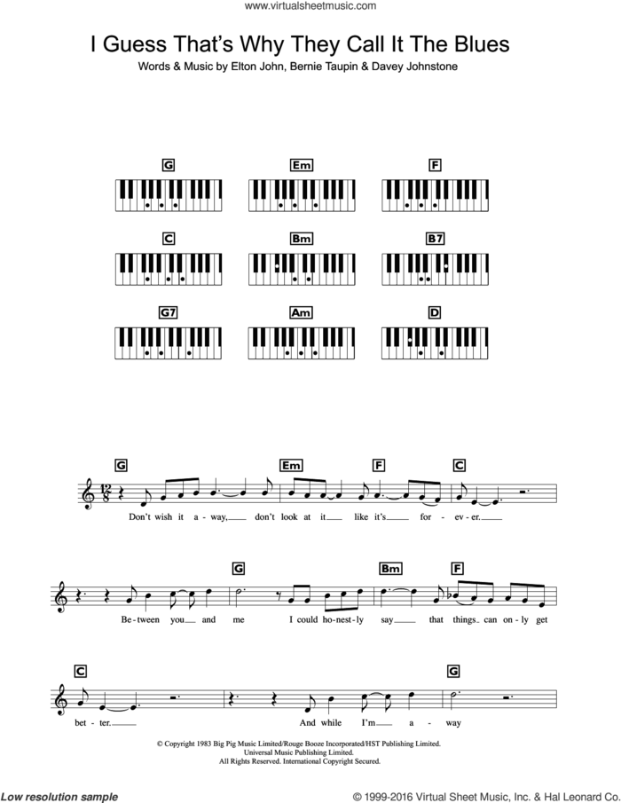 I Guess That's Why They Call It The Blues sheet music for piano solo (chords, lyrics, melody) by Elton John, Bernie Taupin and Davey Johnstone, intermediate piano (chords, lyrics, melody)