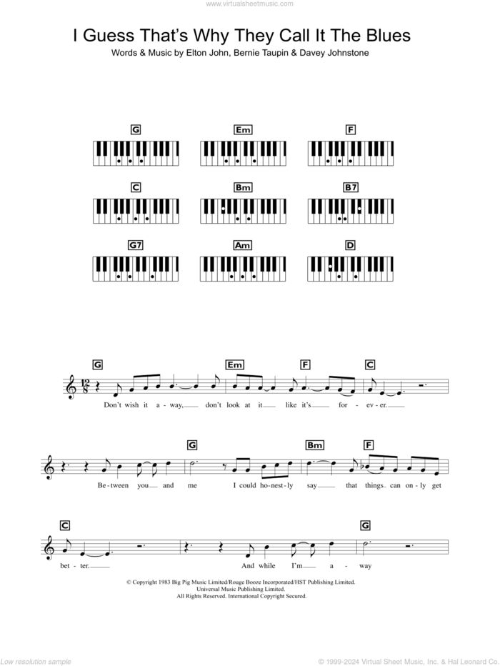 I Guess That's Why They Call It The Blues sheet music for piano solo (chords, lyrics, melody) by Elton John, Bernie Taupin and Davey Johnstone, intermediate piano (chords, lyrics, melody)