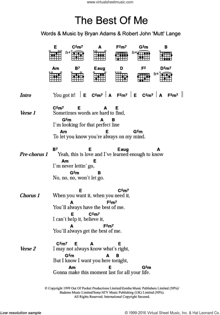 The Best Of Me sheet music for guitar (chords) by Bryan Adams and Robert John Lange, intermediate skill level