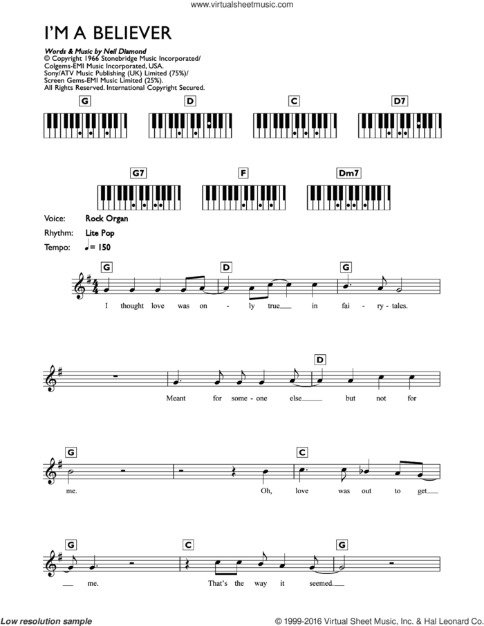 I'm A Believer sheet music for piano solo (chords, lyrics, melody) by The Monkees and Neil Diamond, intermediate piano (chords, lyrics, melody)