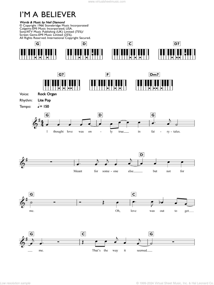 I'm A Believer sheet music for piano solo (chords, lyrics, melody) by The Monkees and Neil Diamond, intermediate piano (chords, lyrics, melody)