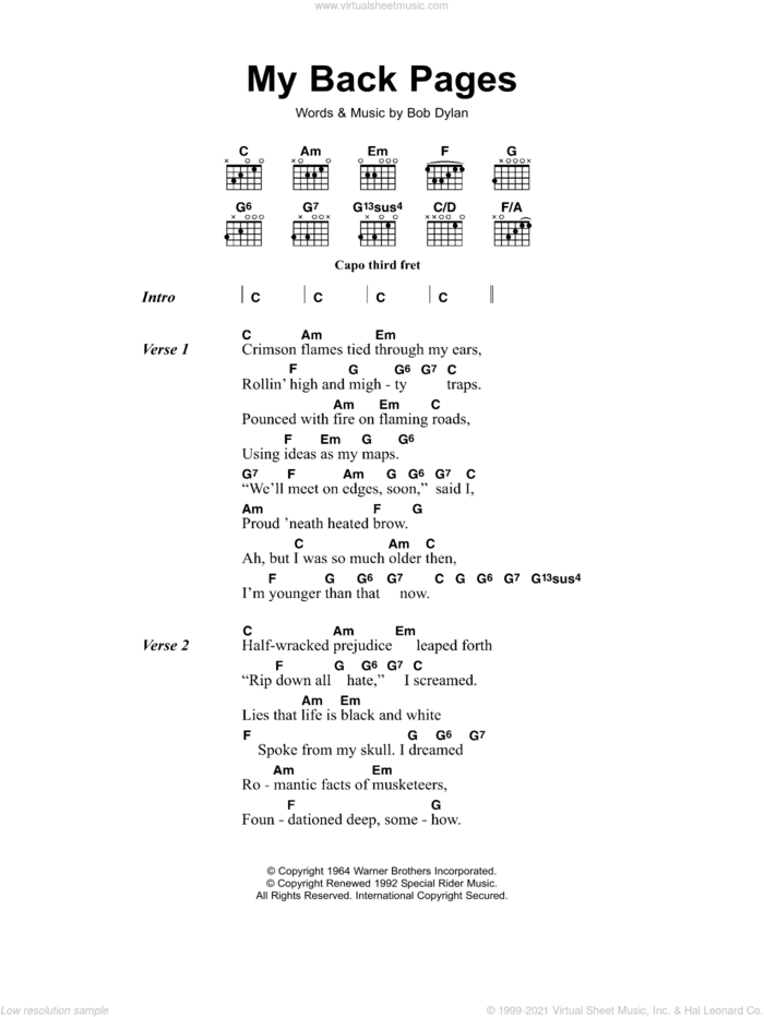 My Back Pages sheet music for guitar (chords) by Bob Dylan and The Byrds, intermediate skill level