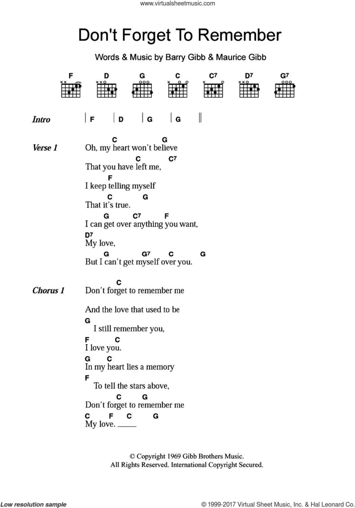 Don't Forget To Remember sheet music for guitar (chords) by Bee Gees, Barry Gibb and Maurice Gibb, intermediate skill level