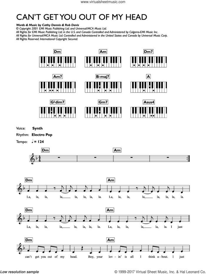 Can't Get You Out Of My Head sheet music for piano solo (chords, lyrics, melody) by Kylie Minogue, Cathy Dennis and Rob Davis, intermediate piano (chords, lyrics, melody)