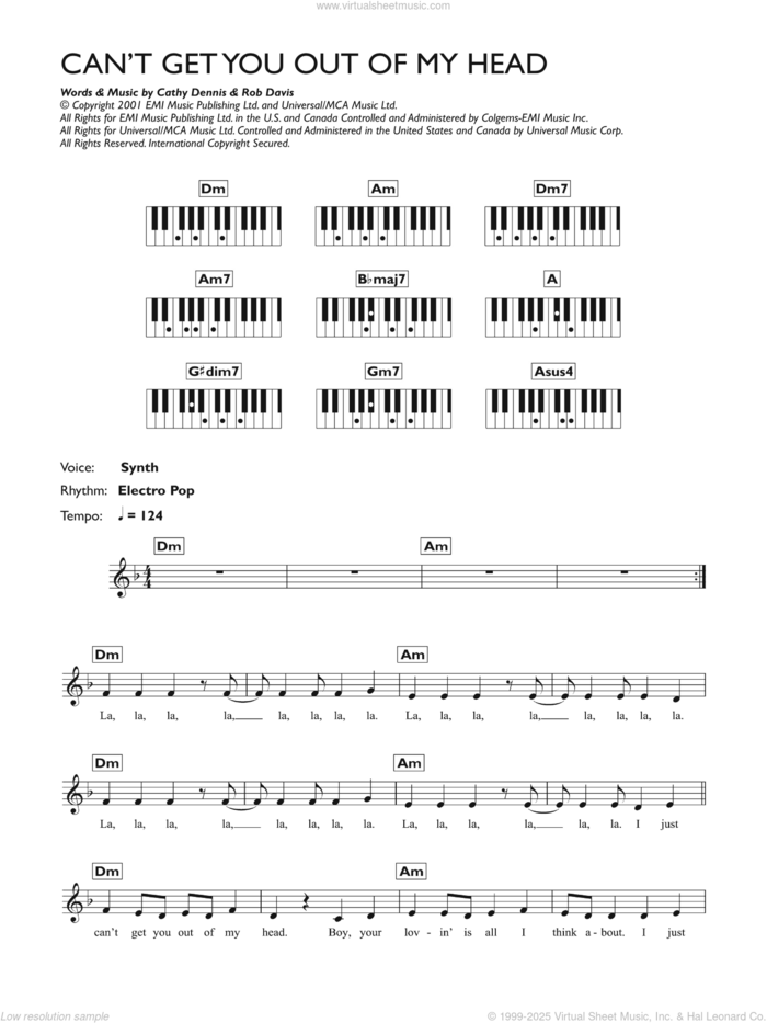 Can't Get You Out Of My Head sheet music for piano solo (chords, lyrics, melody) by Kylie Minogue, Cathy Dennis and Rob Davis, intermediate piano (chords, lyrics, melody)