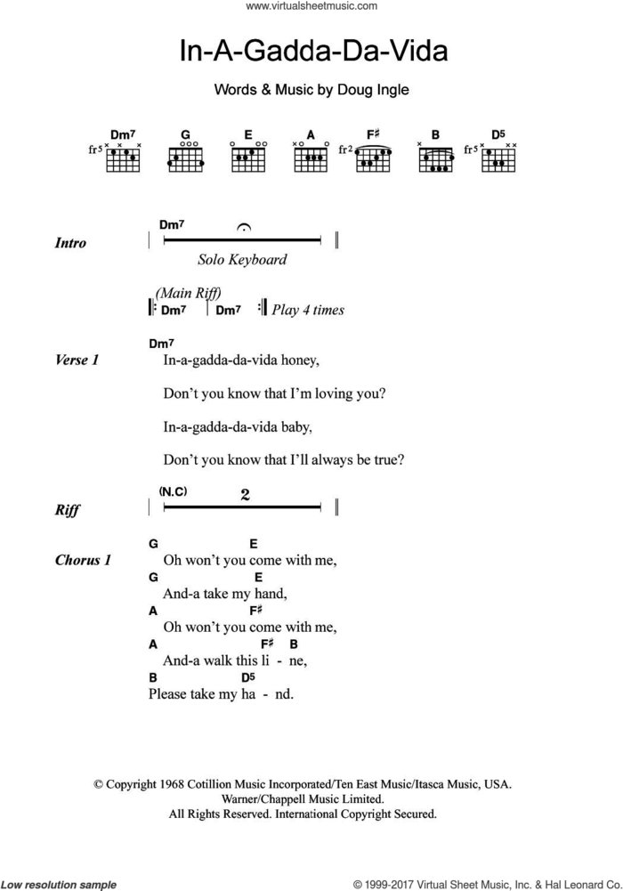 In-A-Gadda-Da-Vida sheet music for guitar (chords) by Iron Butterfly and Doug Ingle, intermediate skill level
