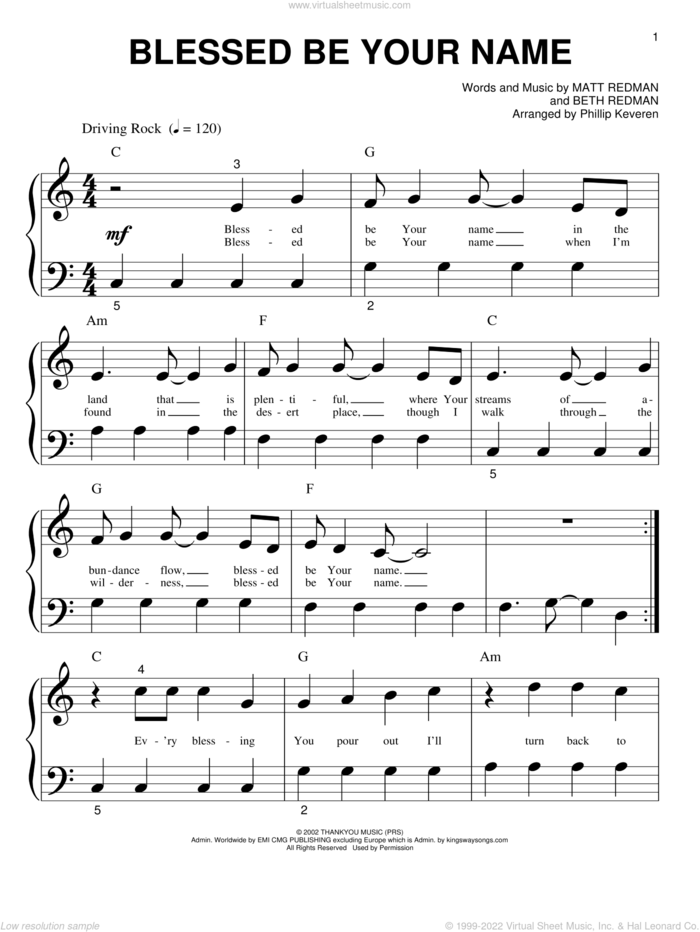 Blessed Be Your Name (arr. Phillip Keveren) sheet music for piano solo (big note book) by Matt Redman, Phillip Keveren and Beth Redman, easy piano (big note book)