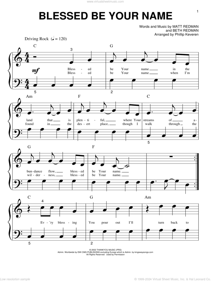 Blessed Be Your Name (arr. Phillip Keveren) sheet music for piano solo (big note book) by Matt Redman, Phillip Keveren and Beth Redman, easy piano (big note book)